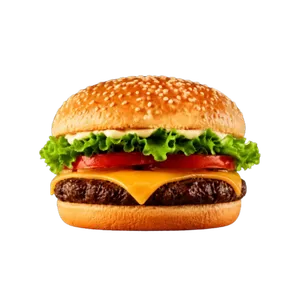 Illustration of a cheeseburger with lettuce, tomato and onion